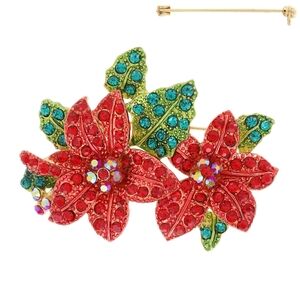 Christmas Rhinestone Poinsette Brooch Pin